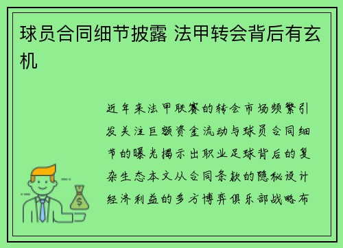球员合同细节披露 法甲转会背后有玄机