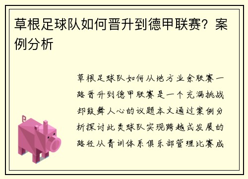 草根足球队如何晋升到德甲联赛？案例分析