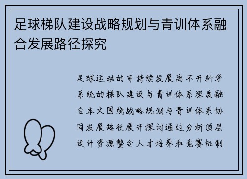 足球梯队建设战略规划与青训体系融合发展路径探究